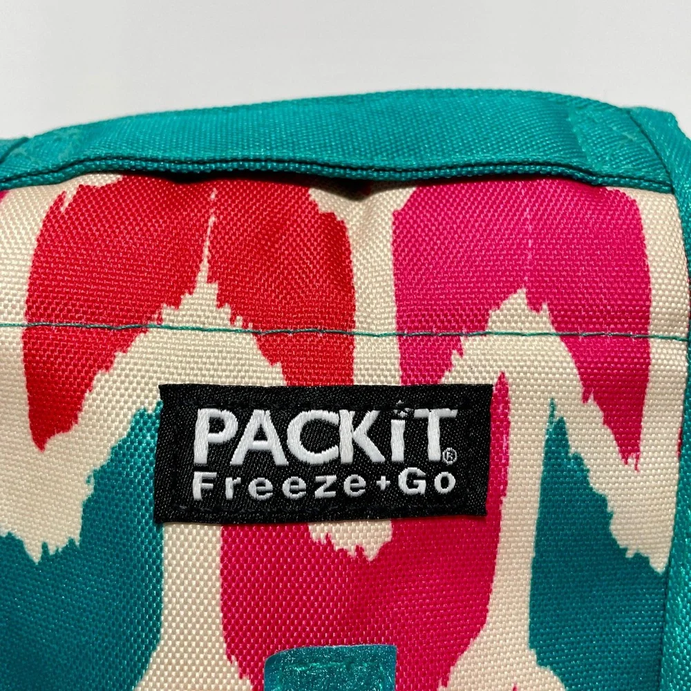 PackIt Freeze+Go Single Wine Cooler Bag Insulated Pink Teal Ikat Freezable Gel